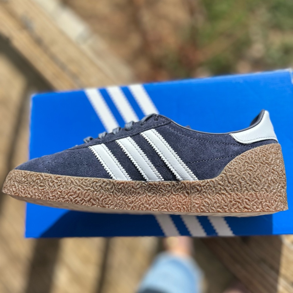 adidas Navy Suede Sneakers with White Stripes and Gum Sole